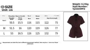 Detailed size chart for solid color short sleeve romper with shoulder and bust measurements