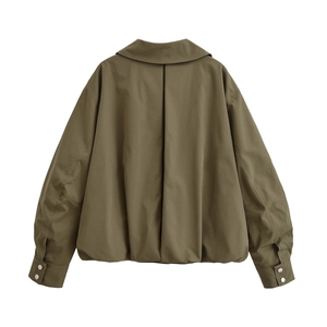 Army green bomber jacket with lapel collar and pleated hem back view on white background
