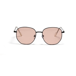 Classic round sunglasses with pink lenses and a slim black metal frame on a white background