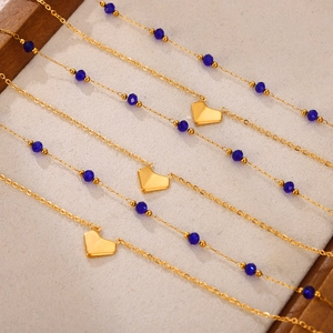 Double Layered Titanium Steel Heart Pendant Necklace With Blue Artificial Crystal Beads Gold Plated Clavicle Chain Jewelry