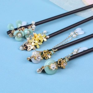 Set of four handmade ebony hair sticks with floral tassels and pearls for Hanfu styling