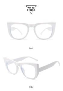 Detailed front and side views of white cat-eye sunglasses with thick designer frames
