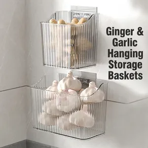 Wall-mounted transparent ribbed kitchen storage baskets for ginger and garlic