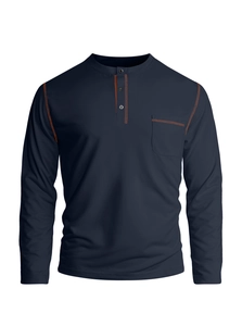 Detail of navy blue Henley shirt with orange contrast stitching and front pocket