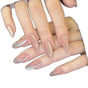 Elegant champagne almond cat eye press-on nails with shimmering magnetic aurora finish
