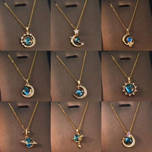 Starry Sky Planet Moon Astronaut Pendant Necklace Stainless Steel Chain Copper Zirconia Dreamy Jewelry For Women