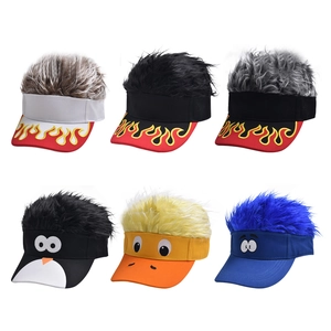 Baseball caps with wig hair extensions featuring flame embroidery and animal cartoon designs