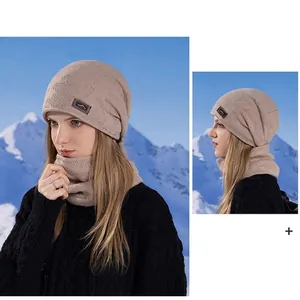 Winter thermal beige knitted beanie hat and neck warmer set for outdoor activities