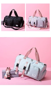 Three travel bags in black, lilac, and light blue with independent shoe compartments