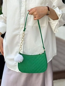 Sac sous le bras en feutre vert avec pompon blanc et surpiqûres en V pour femmes