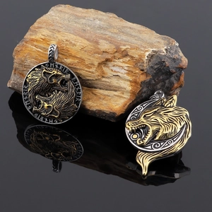 Viking wolf head pendants with Norse runes in silver and gold tone stainless steel