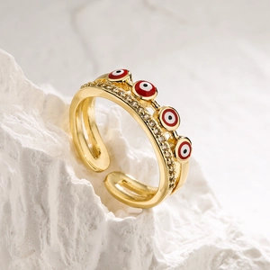 18K gold plated evil eye open ring with red enamel and sparkling zircons for women