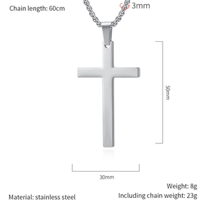 Detail view of silver stainless steel cross necklace with size measurements in millimeters