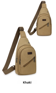 Detail of khaki canvas sling bag with two front zipper pockets and sport label