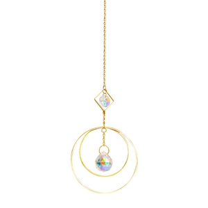 Golden metal suncatcher with iridescent crystal drop and square frame on white backdrop