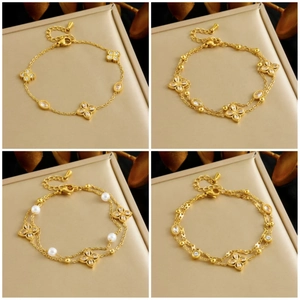 Stainless Steel Double Layer Bracelet For Women With Zircon Clover Flower And Imitation Artificial Pearl Fashion Jewelry
