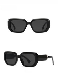 Detailed front and 45-degree side views of black square sunglasses with decorative temples