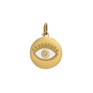 Dettaglio del ciondolo malocchio placcato oro 14K con smalto bianco e cristallo chiaro