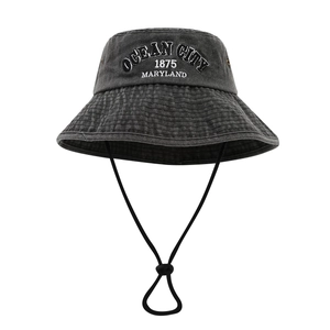 Washed grey cotton sun hat with Ocean City embroidery and adjustable chin strap