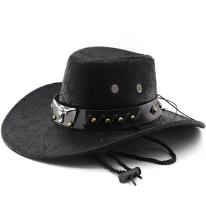 Black PU leather cowboy hat with metal bull head emblem and studded band in a side view