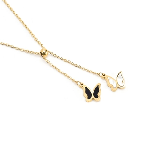 Golden titanium steel necklace with black and white butterfly pendants and adjustable chain