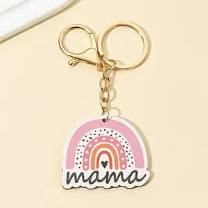 Pink rainbow MAMA keychain with leopard print and golden hook for Mother's Day gift