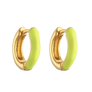 Detail of neon green enamel C-shaped hoop earrings with polished gold finish