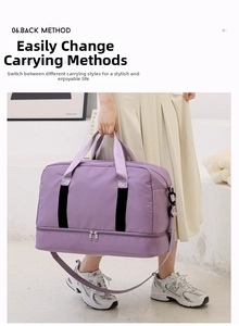 Detailed view of the purple travel bag showing waterproof fabric and adjustable straps
