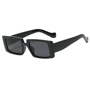 Classic black rectangular sunglasses with thick glossy frames and dark grey lenses