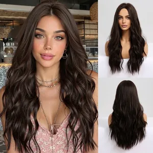 Detail view of long wavy dark brown synthetic wig with center part and natural curls