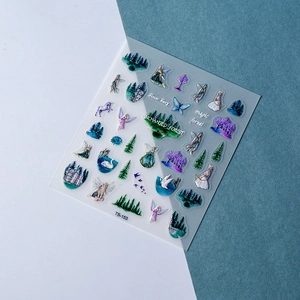 Detail showing enchanted forest nail stickers with unicorns and fairy castle on a split background