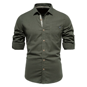 Front view of men's casual long sleeve cotton shirt in dark army green with chest pocket
