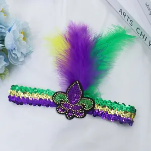 Mardi Gras feather headband with sequins and fleur-de-lis for festival celebrations