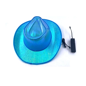 Detail of blue LED cowboy hat with battery power pack for Halloween party events