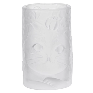 Cute cat and persimmon embossed glass tea cup with frosted crystal texture on white background