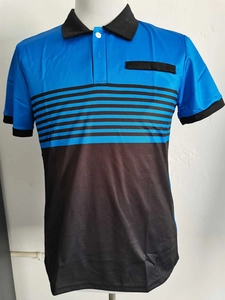 Detail of blue and black color-block polo shirt featuring breathable knit fabric