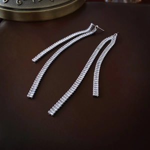 Cubic Zirconia Long Tassel Dangle Earrings With 925 Sterling Silver Earring Post Linear Elegant Sparkly Jewelry Women