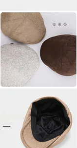 Close-up of geometric textured fabric and soft silk lining on vintage beret caps