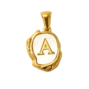 Gold stainless steel letter A pendant necklace with white shell inlay on white background