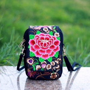 Ethnic style double layer embroidery cell phone bag with floral patterns and shoulder strap