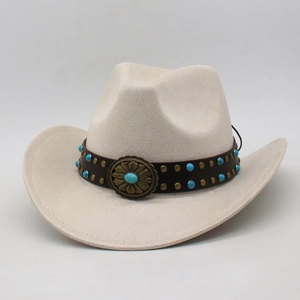Chapeau de cowboy classique en suédine crème avec ruban en cuir perlé de turquoise