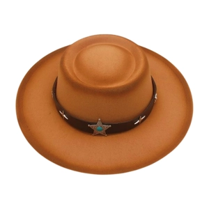 Cappello da cowboy marrone in feltro di lana con borchie a stella e tocco turchese