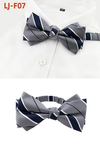 Men's silk-like grey and navy diagonal striped bow tie with adjustable neck strap
