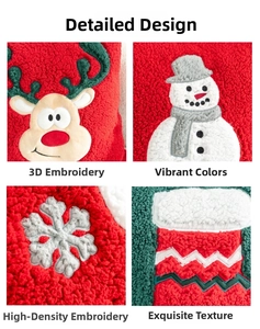 Close-up of Christmas pillowcase featuring 3D embroidery of reindeer and snowflake motifs