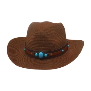 Chapeau de cowboy en paille marron avec bande en cuir turquoise pour protection solaire