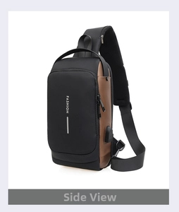 Detail of crossbody sling bag with USB charging port and breathable mesh back strap