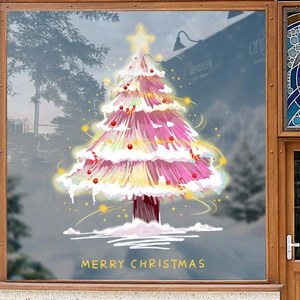 Pink Christmas tree static window sticker with Merry Christmas lettering on glass