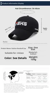 Detailed size chart for the letter embroidery baseball cap with measurement guide