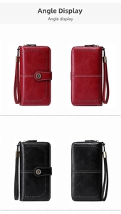 Detail view of red and black leather RFID wallets with metal G-clasp and wrist strap