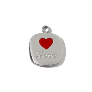 Polished silver stainless steel pendant with a red enamel heart and Love engraving